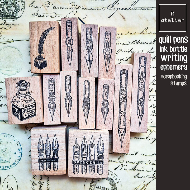 Fountain Pen Nibs Ink Bottle Scrapbooking Wooden Stamp