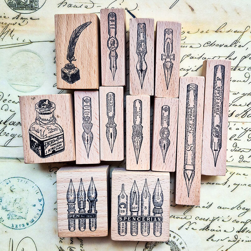 Fountain Pen Nibs Ink Bottle Scrapbooking Wooden Stamp