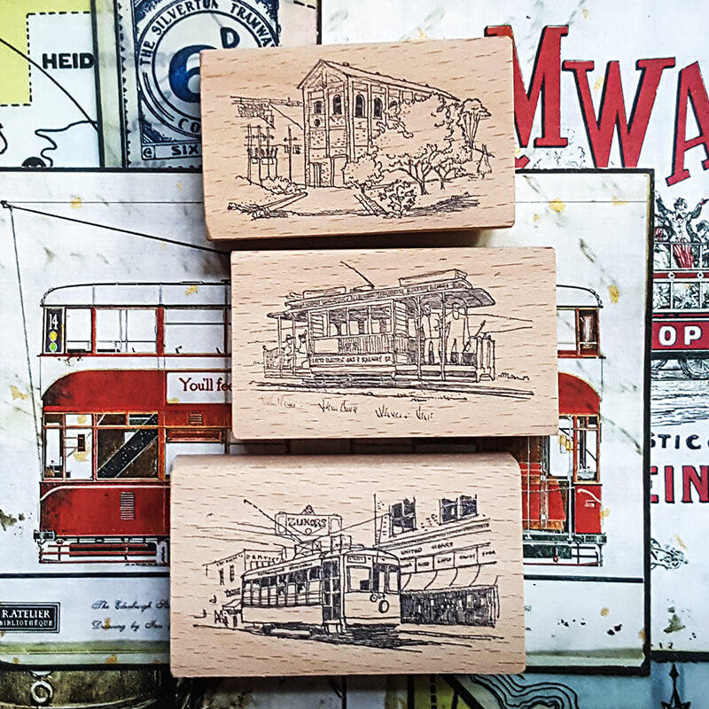 Old Tramways Streetcars Scrapbooking Wooden Stamp