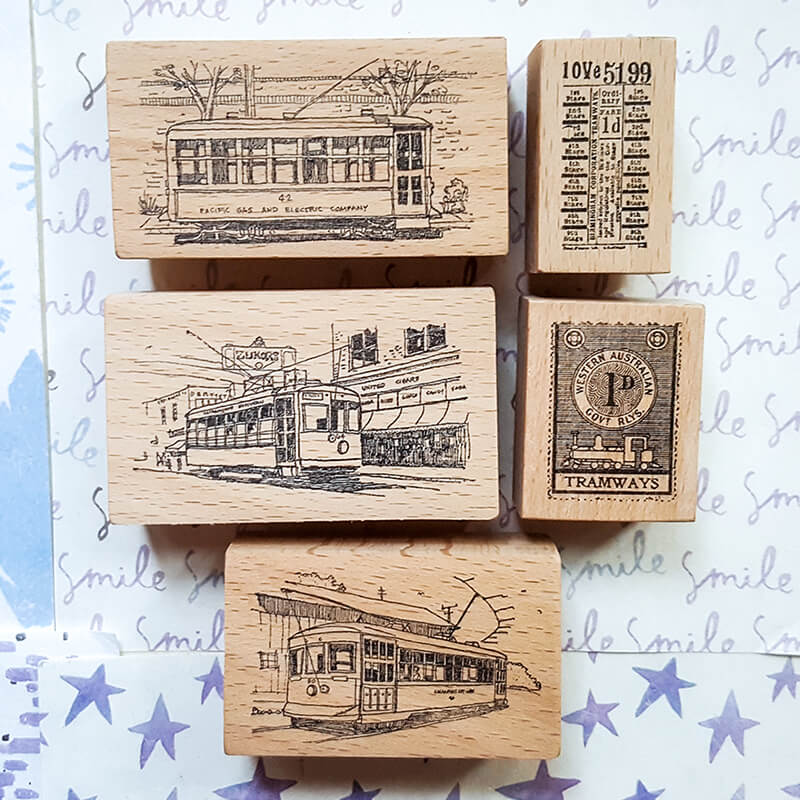 Old Tramways Streetcars Scrapbooking Wooden Stamp