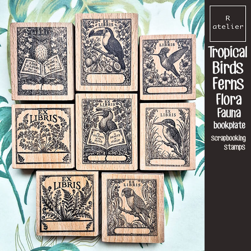 Tropical Birds Ferns Nature Bookplate Scrapbooking Wooden Stamp