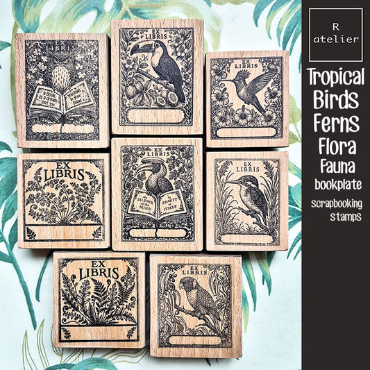 Tropical Birds Ferns Nature Bookplate Scrapbooking Wooden Stamp