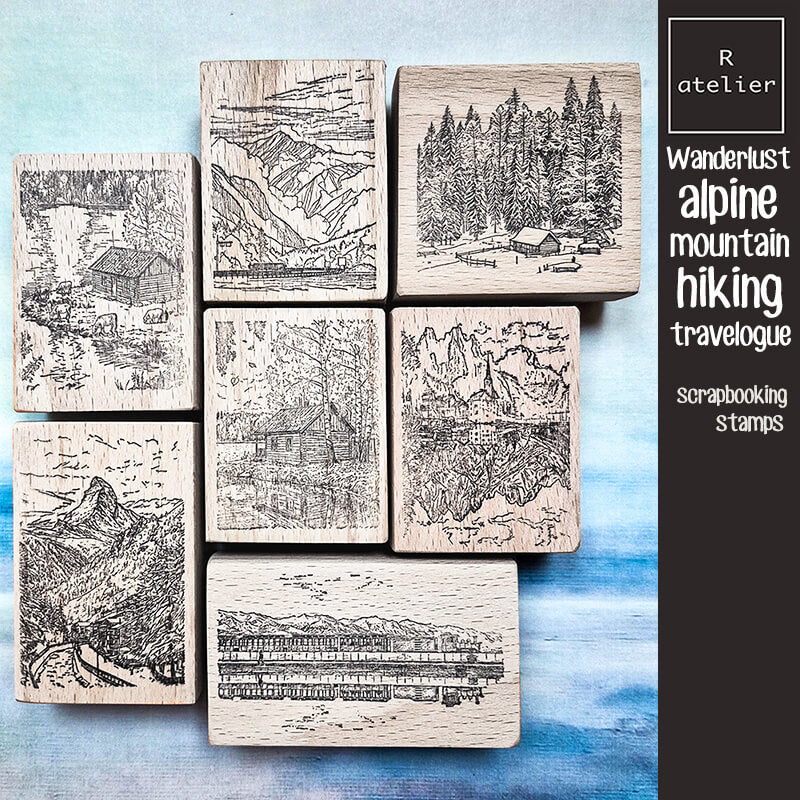 Wanderlust Alpine Mountain Hiking Travelogue (2) Scrapbooking Wooden Stamp