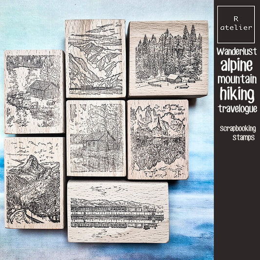 Wanderlust Alpine Mountain Hiking Travelogue (2) Scrapbooking Wooden Stamp