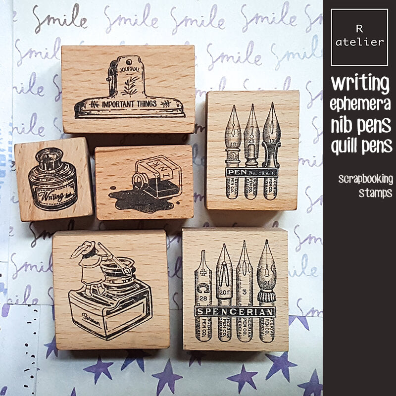 Writing Ephemera Nib Quill Pens Ink Bottles Scrapbooking Wooden Stamp