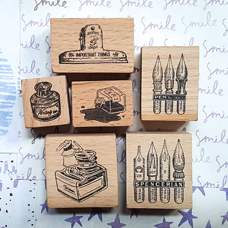 Writing Ephemera Nib Quill Pens Ink Bottles Scrapbooking Wooden Stamp