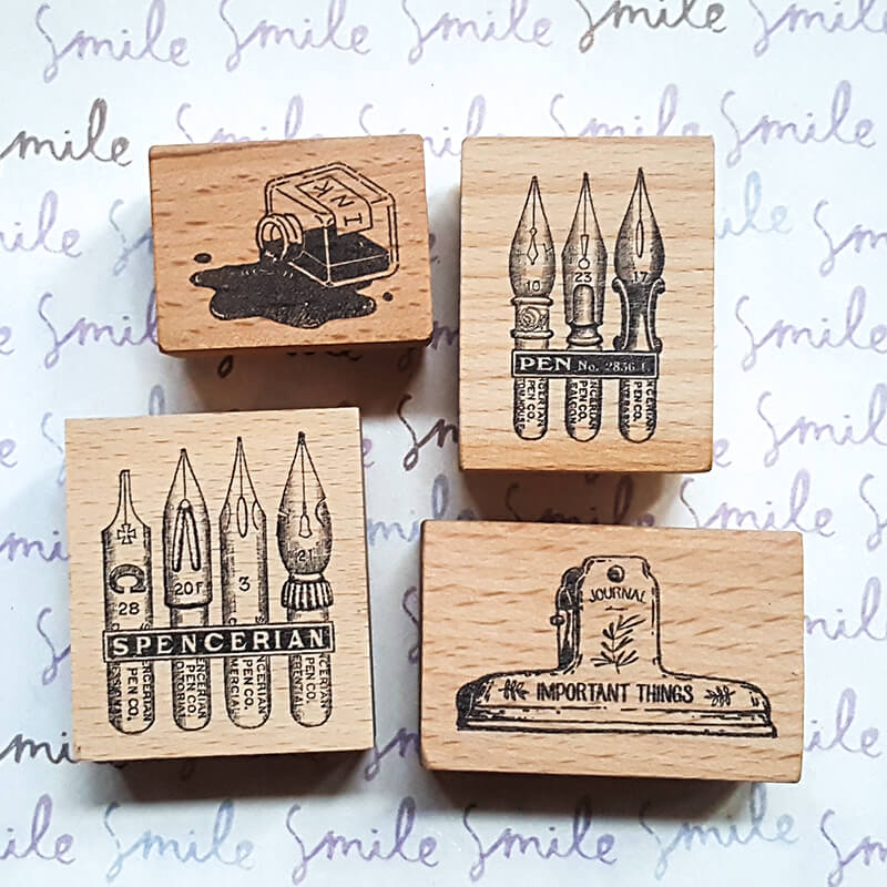 Writing Ephemera Nib Quill Pens Ink Bottles Scrapbooking Wooden Stamp