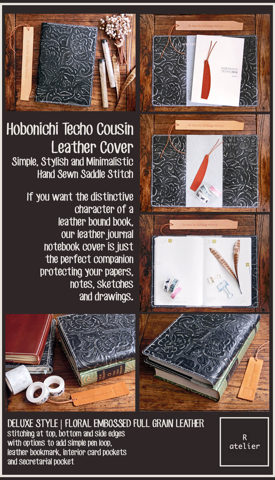 R.atelier Hobonichi Techo Cousin A5 Leather Journal Cover | Floral Embossed Black Onyx