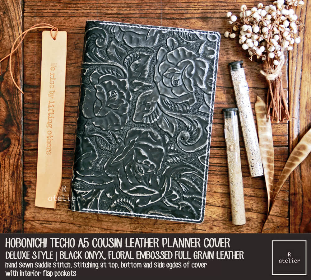 R.atelier Hobonichi Techo Cousin A5 Leather Planner Cover | Floral Embossed Black Onyx | Deluxe Style