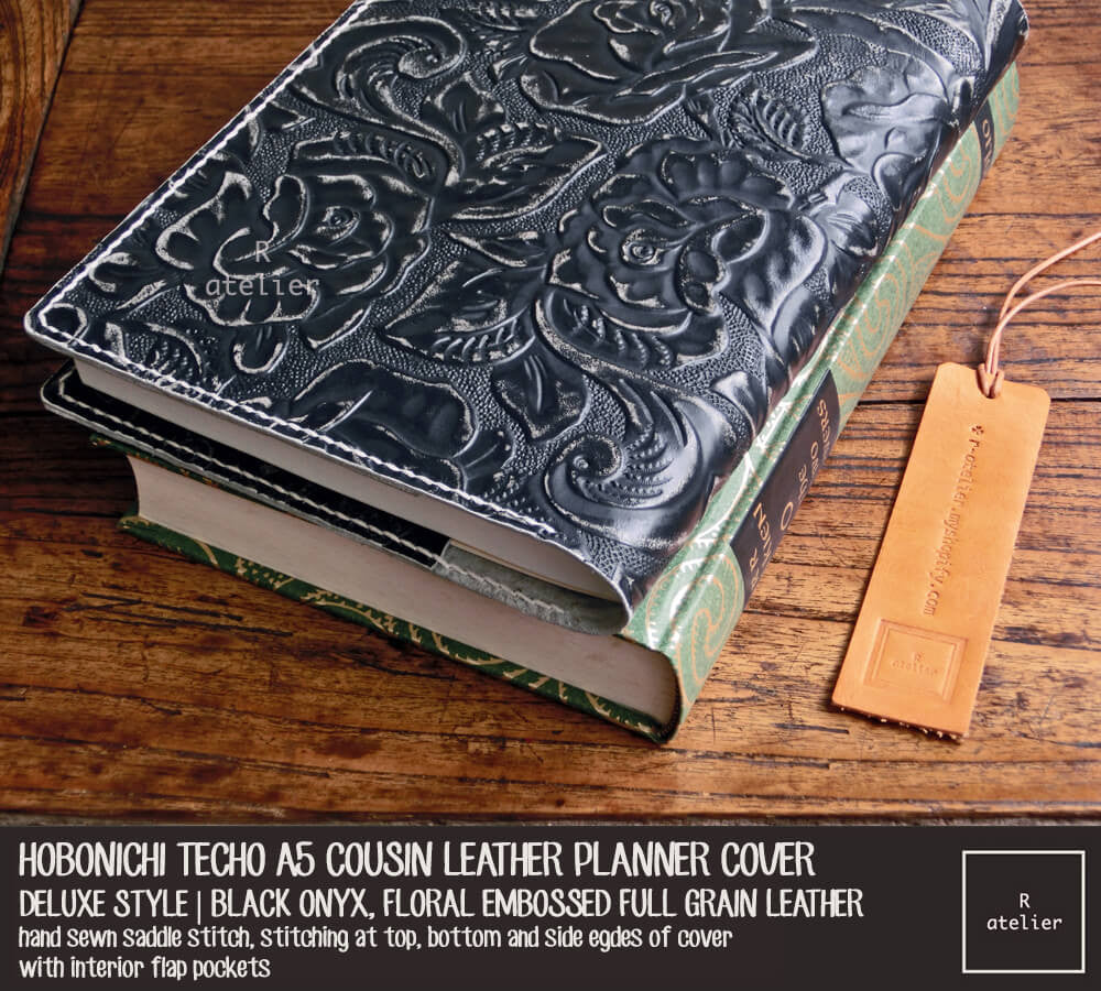 R.atelier Hobonichi Techo Cousin A5 Leather Planner Cover | Floral Embossed Black Onyx | Deluxe Style