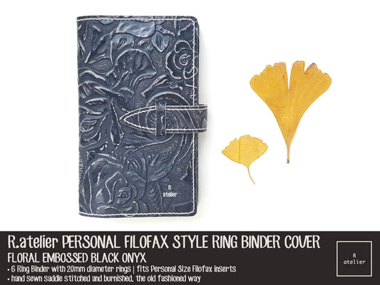 R.atelier Personal Filoflax Style Leather Planner Cover | Floral Embossed Black Onyx
