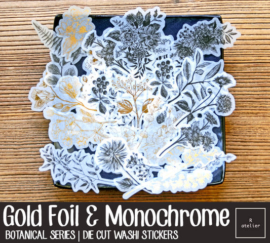 Gold Foil & Monochrome Plants | Die Cut Washi Stickers