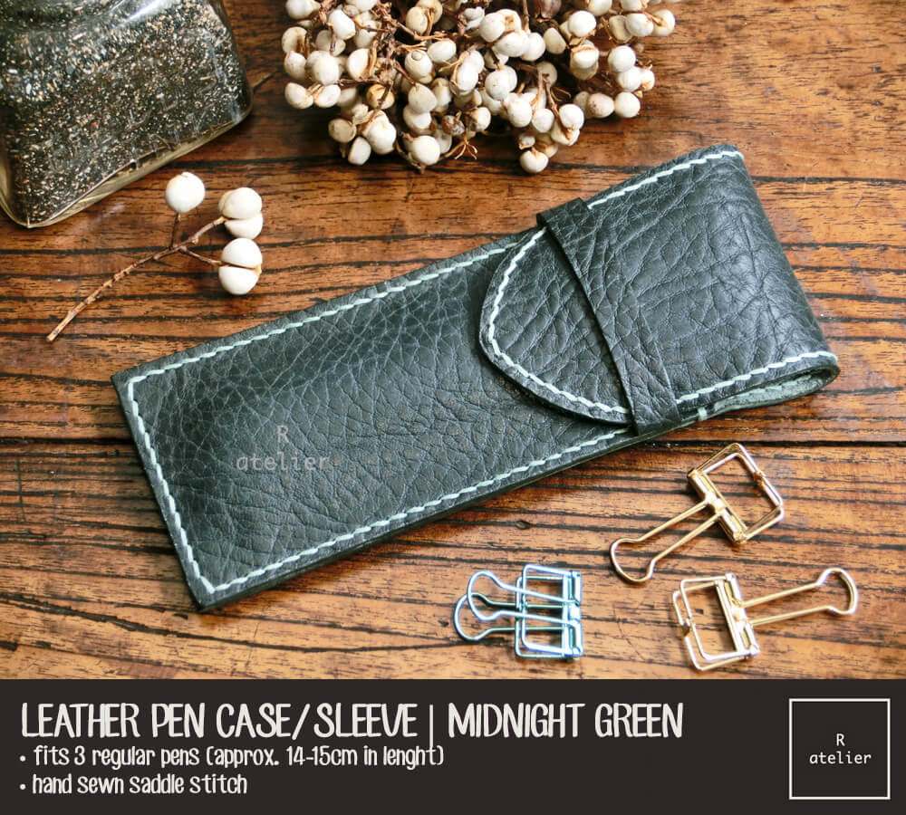 Handmade Leather Pen Case / Sleeve | Midnight Green