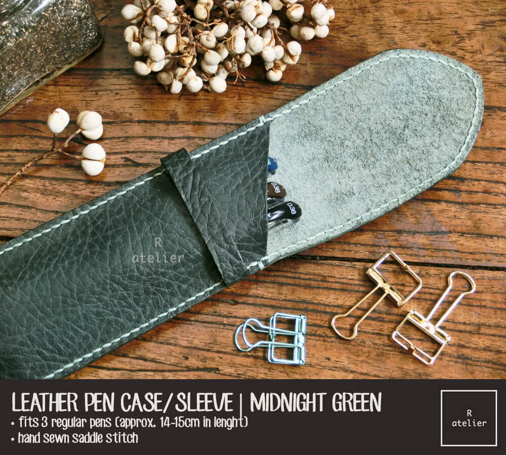 Handmade Leather Pen Case / Sleeve | Midnight Green