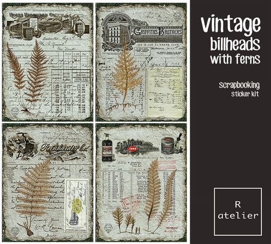 Vintage Billheads with Ferns | Scrapbooking Stickers Kit