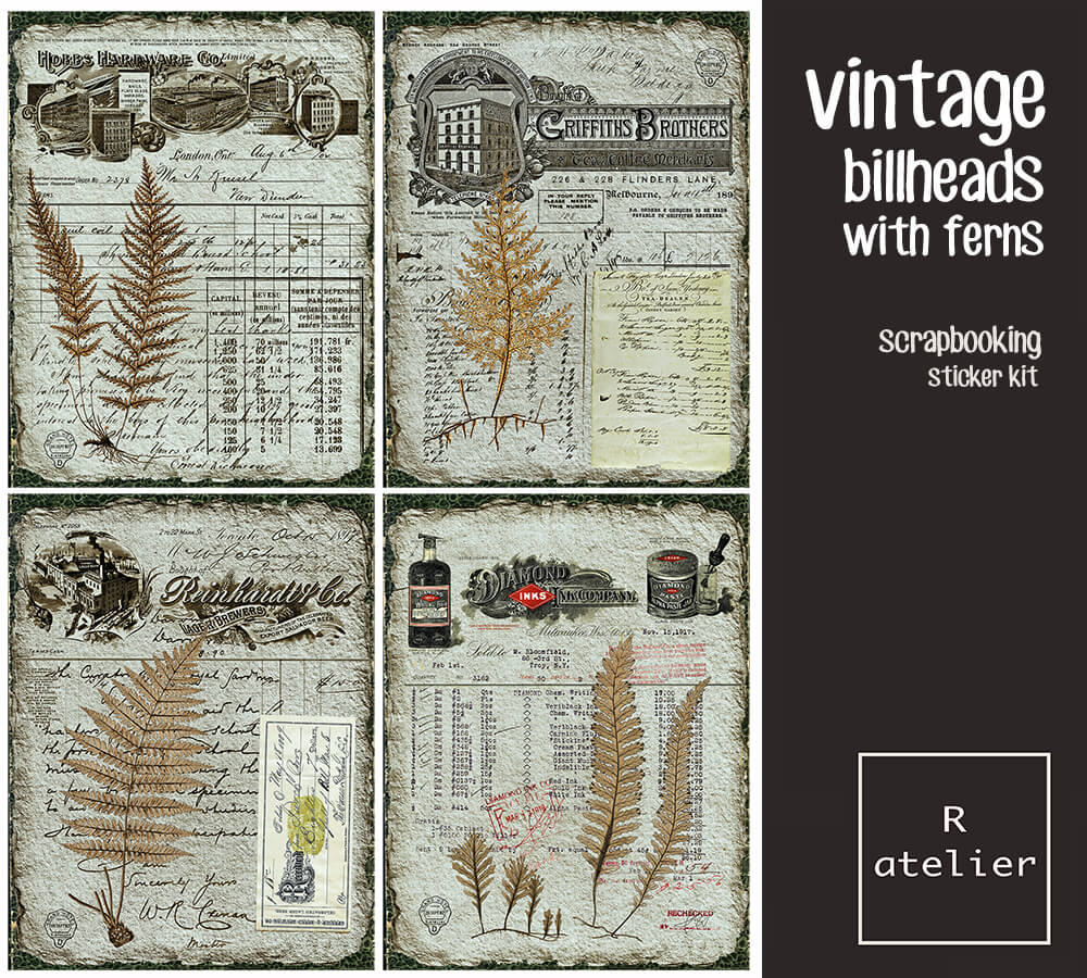 Vintage Billheads with Ferns | Scrapbooking Stickers Kit