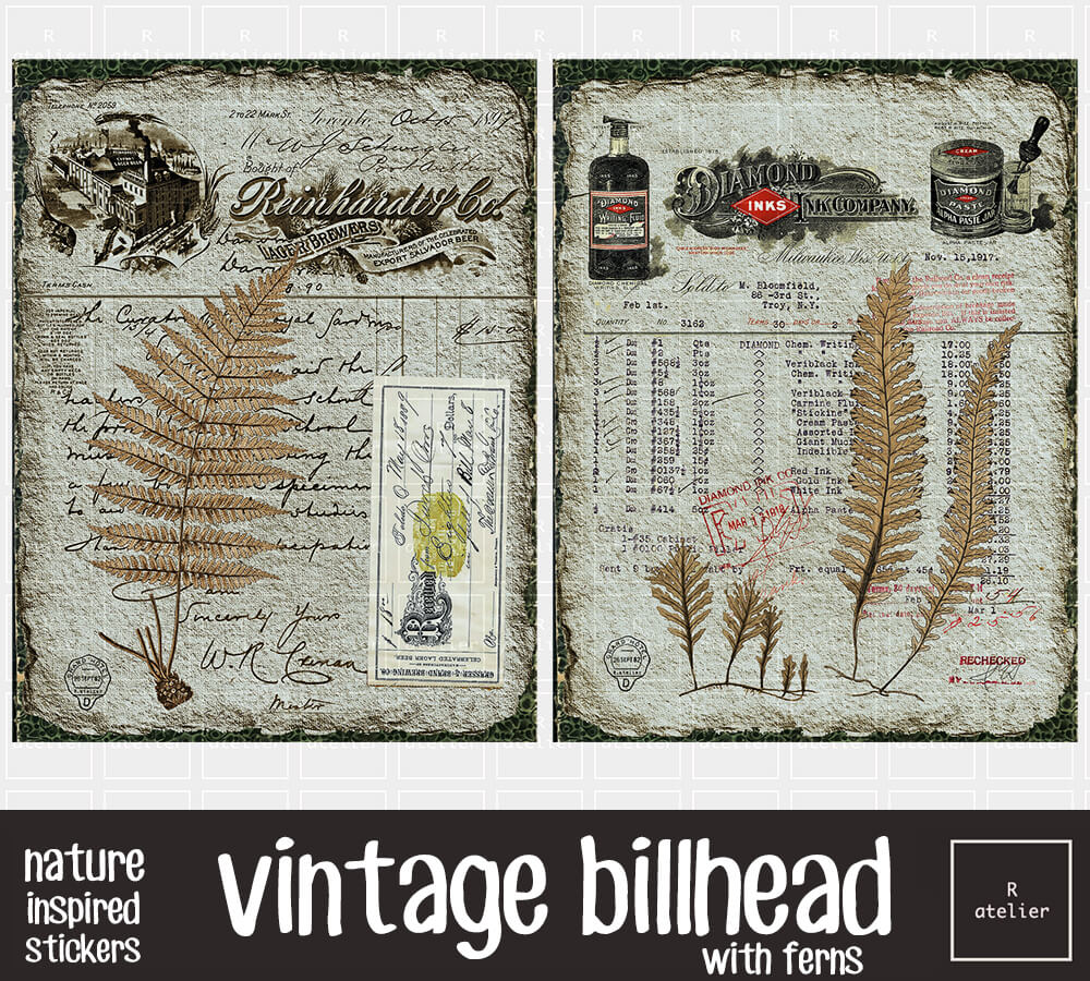 Vintage Billheads with Ferns | Scrapbooking Stickers Kit