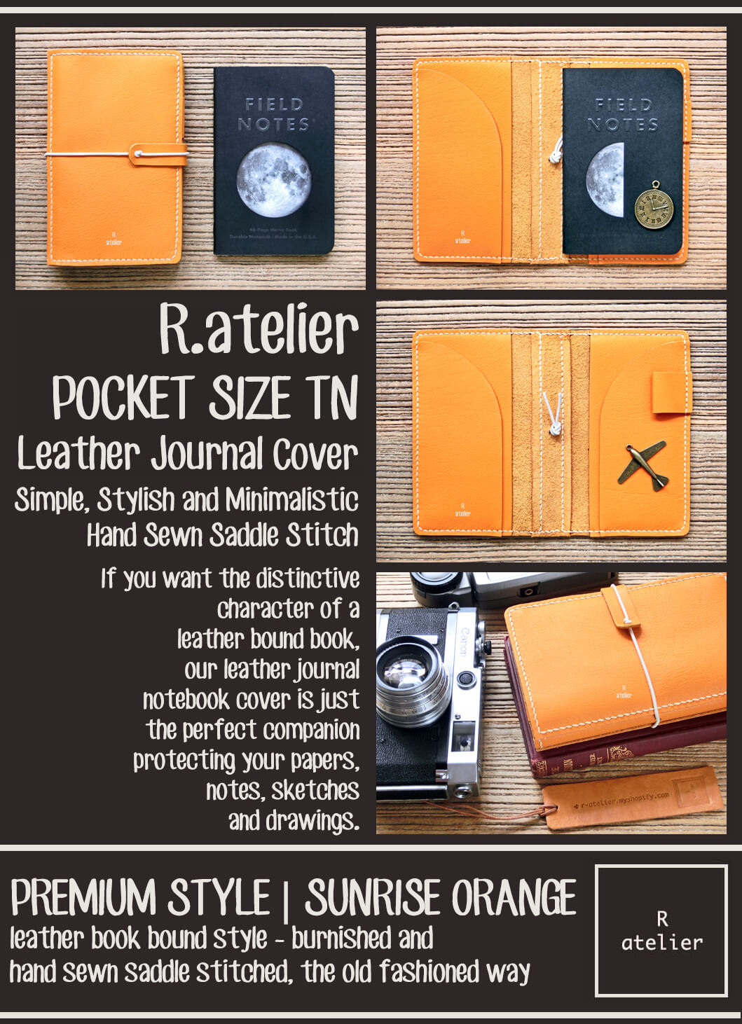 R.atelier Field Notes Pocket Size TN Leather Journal Cover | Sunrise Orange