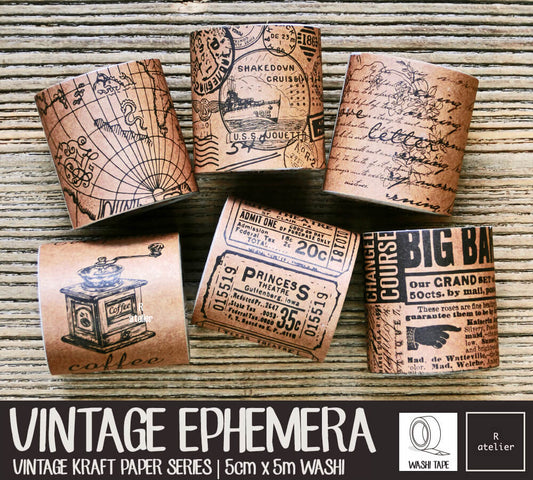 Vintage Ephemera Kraft Paper Washi Tapes | 5cm x 5m