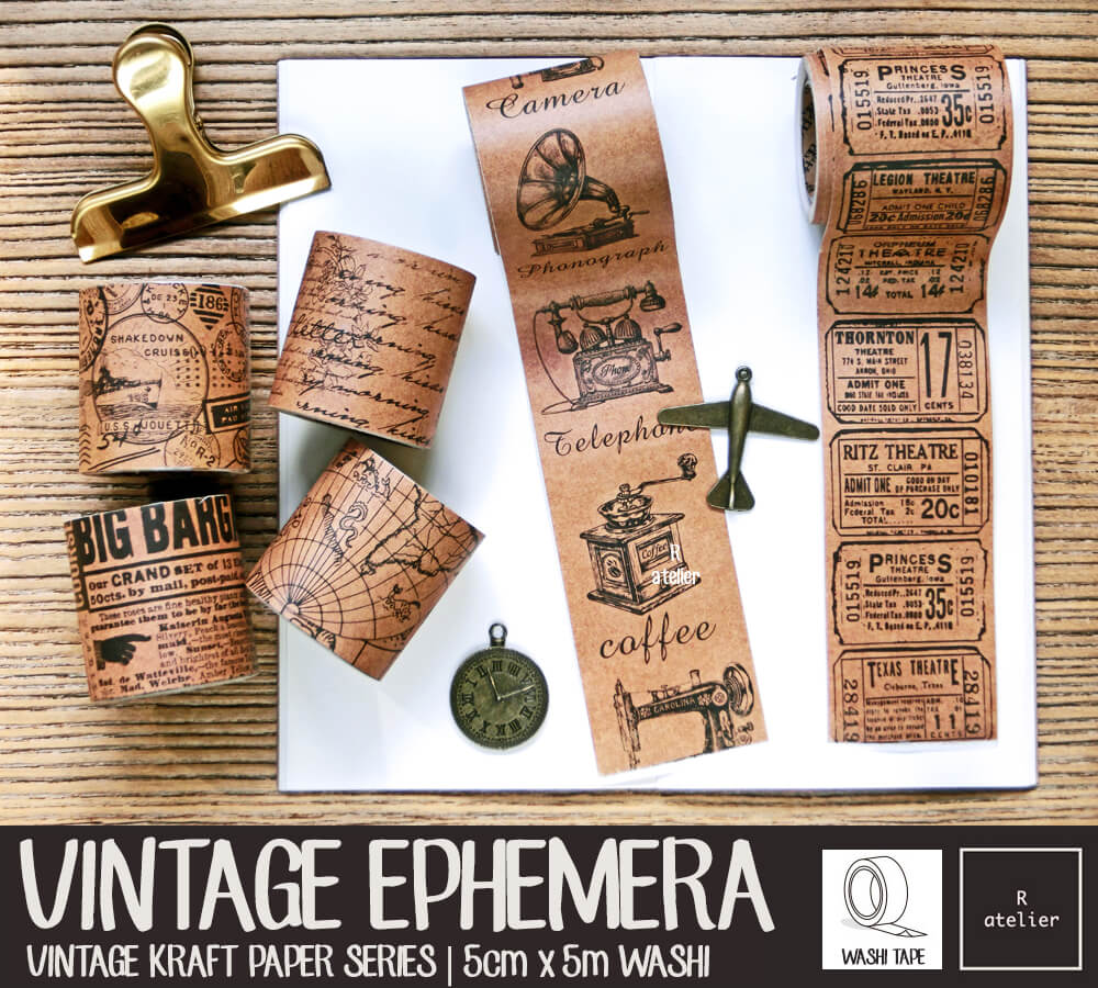 Vintage Ephemera Kraft Paper Washi Tapes | 5cm x 5m