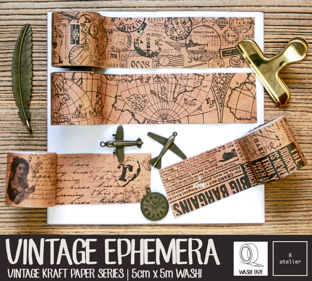 Vintage Ephemera Kraft Paper Washi Tapes | 5cm x 5m