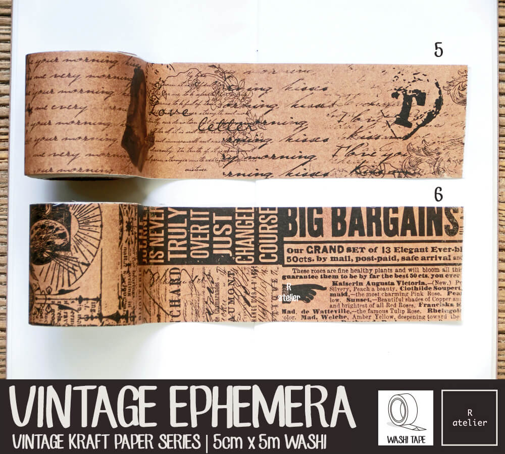 Vintage Ephemera Kraft Paper Washi Tapes | 5cm x 5m