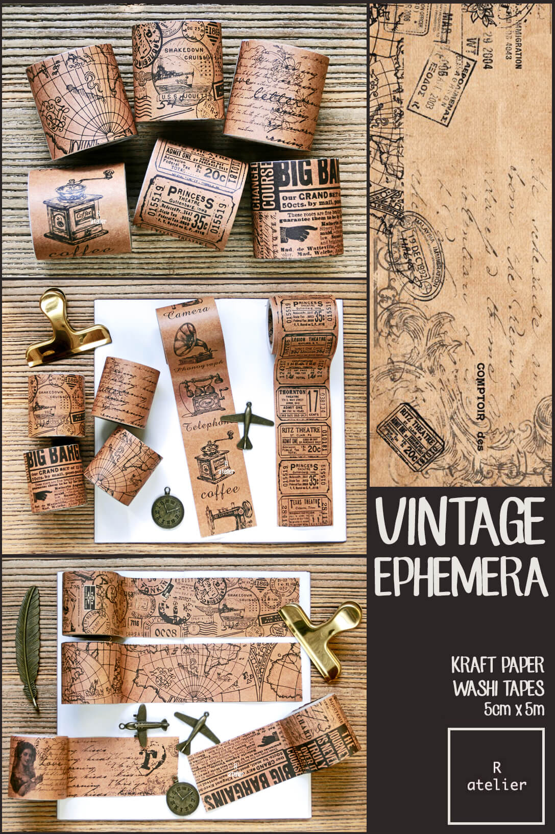 Vintage Ephemera Kraft Paper Washi Tapes | 5cm x 5m