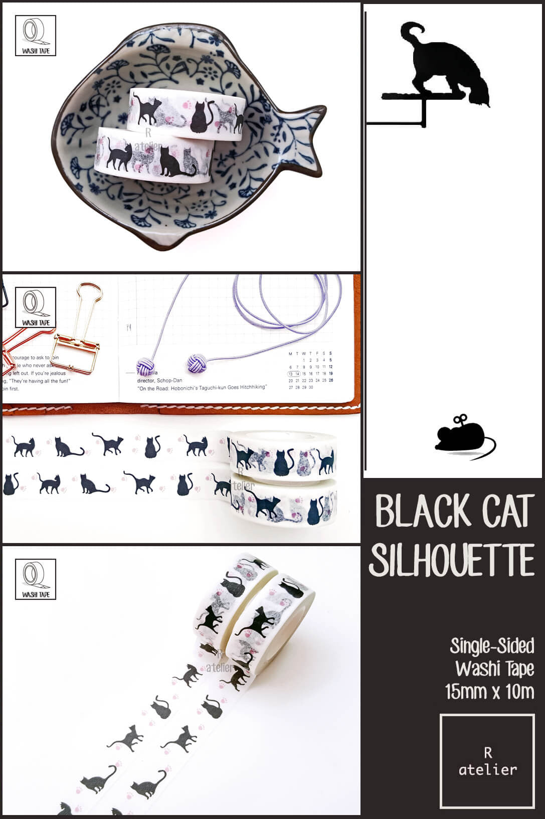 Black Cat Silhouette Washi Tapes | 15mm x 10m