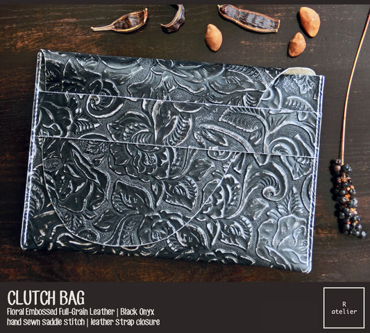 Handmade Leather Clutch Bag | Floral Embossed Black Onyx Full Grain Leather