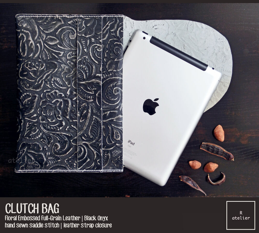 Handmade Leather Clutch Bag | Floral Embossed Black Onyx Full Grain Leather