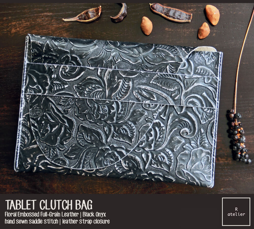 Tablet Leather Clutch Bag | Floral Embossed Black Onyx Full Grain Leather