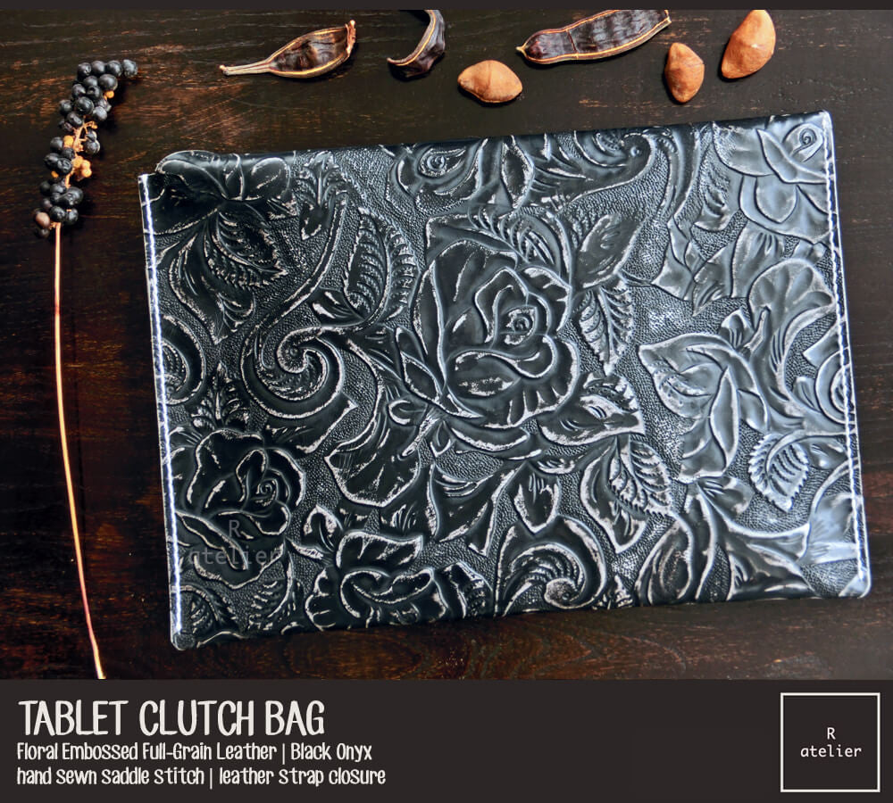 Tablet Leather Clutch Bag | Floral Embossed Black Onyx Full Grain Leather