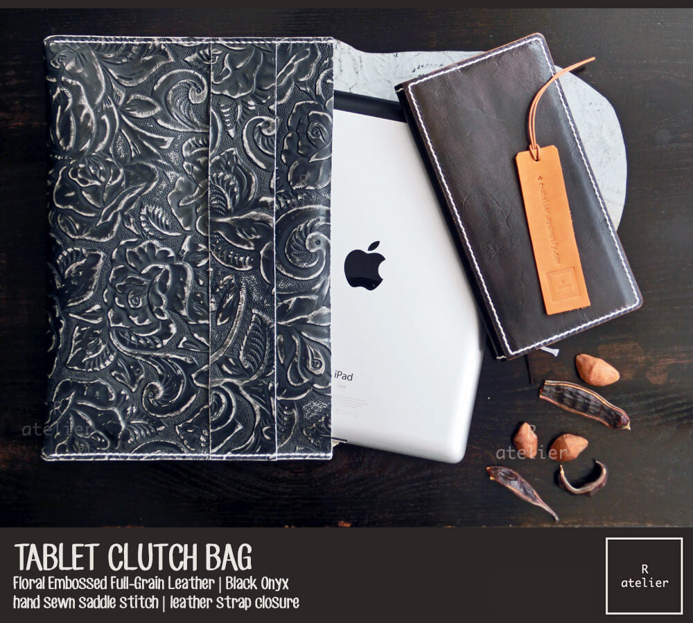 Tablet Leather Clutch Bag | Floral Embossed Black Onyx Full Grain Leather