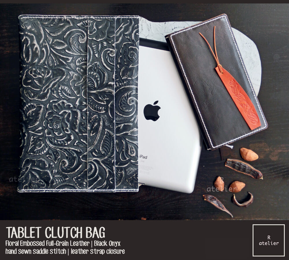 Tablet Leather Clutch Bag | Floral Embossed Black Onyx Full Grain Leather