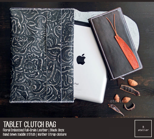 Tablet Leather Clutch Bag | Floral Embossed Black Onyx Full Grain Leather